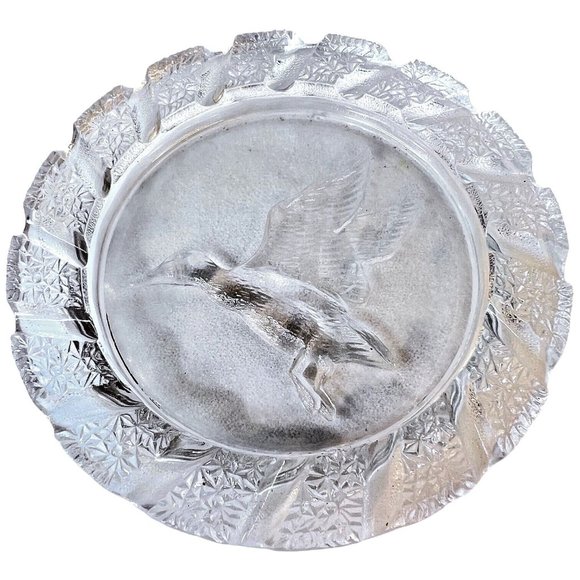 Imperial Clear Glass Ashtray Flying Mallard Duck Round Etched 7.5 Inch Vintage - Picture 1 of 6
